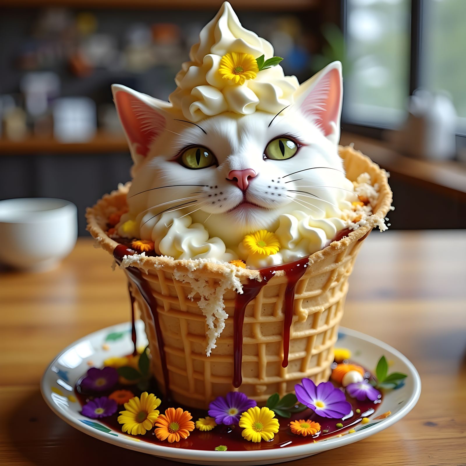 Whimsical Feline Ice Cream Sundae in Earthy Tones