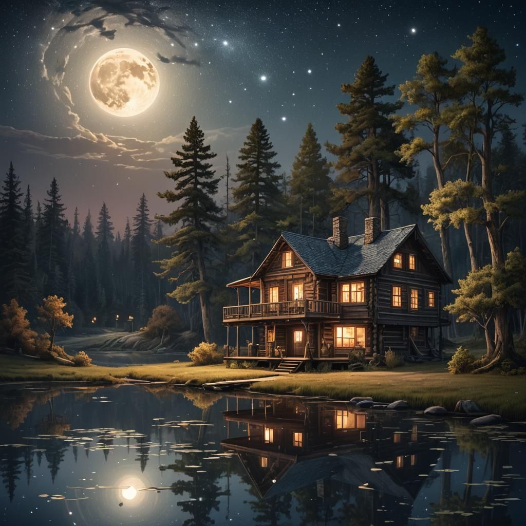 Fantasy Cabin Beside Pond Under Moonlight