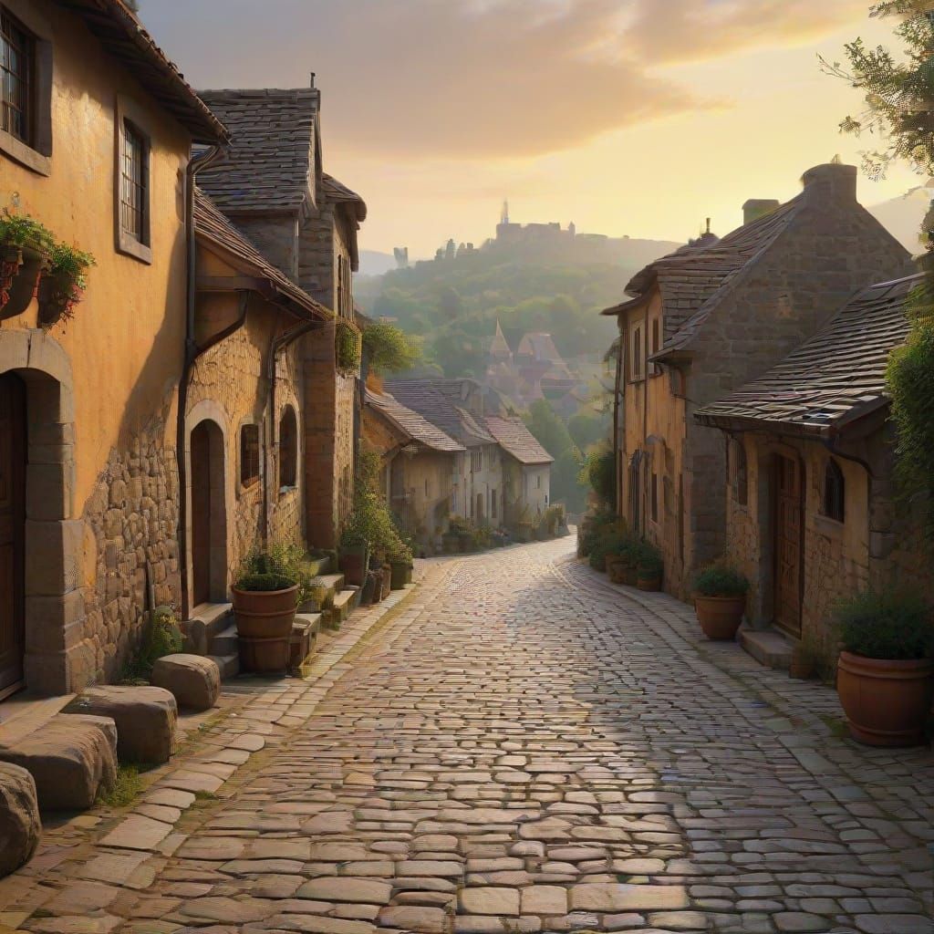 Medieval Coastal Village in Warm Golden Light