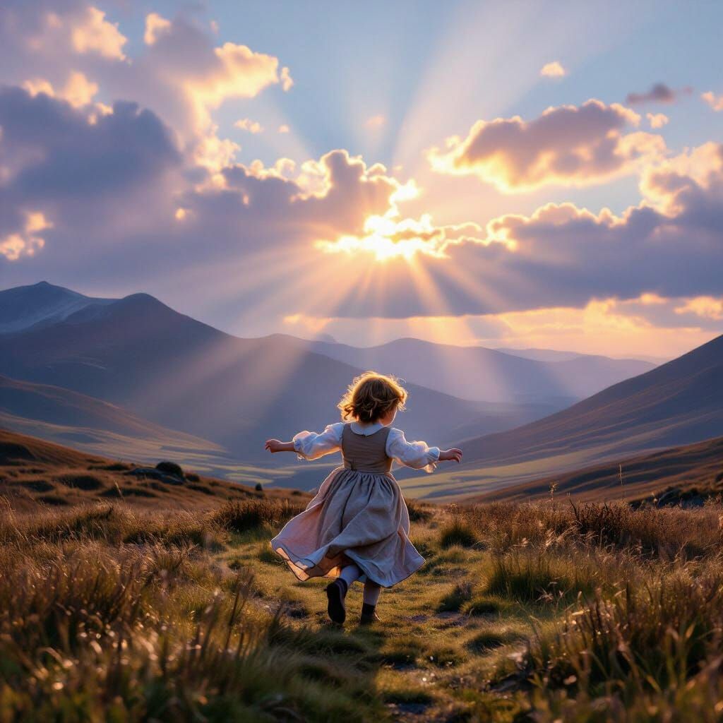 Child Dancing in Scottish Highlands with Whimsical Sky