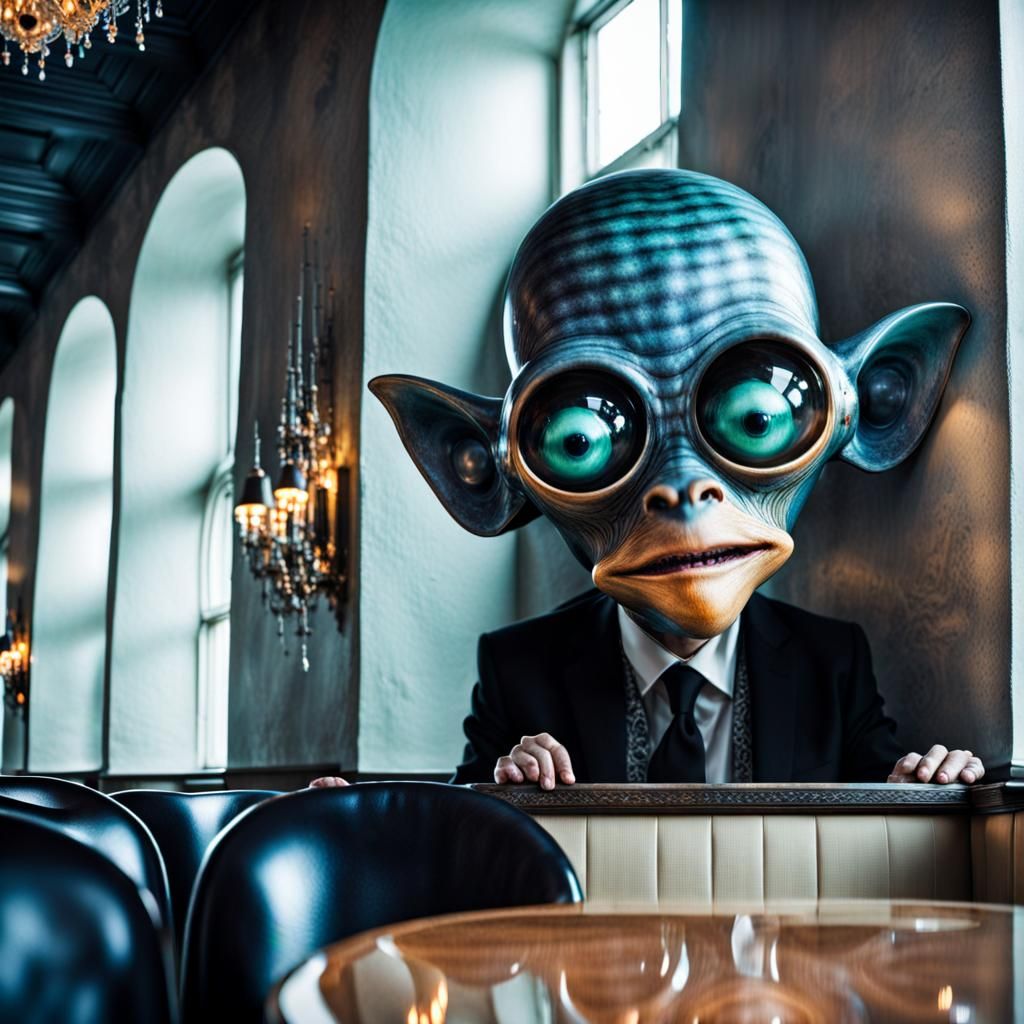 Surreal Restaurant Scene with Exotic Aliens