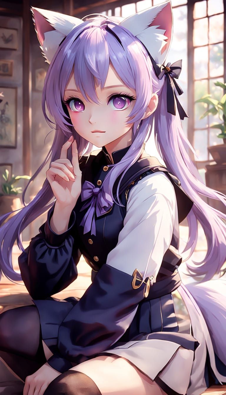 Anime Girl with Vibrant Purple Eyes and Hair Sits Elegantly....