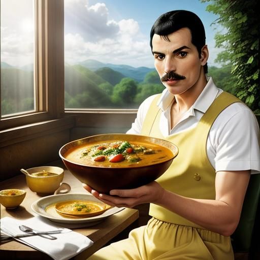 Freddie Mercury Surrounded by Curry Bowls