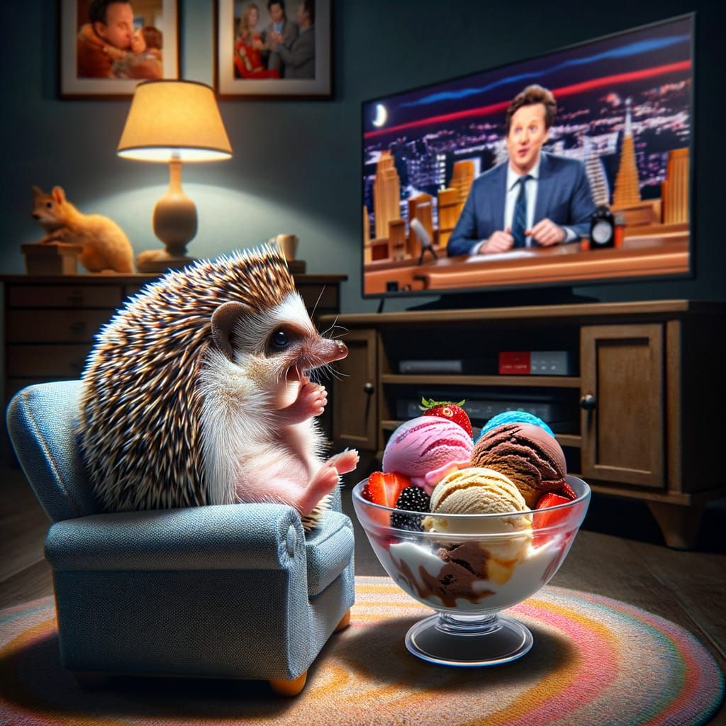 Hedgehog Watching TV and Eating Ice Cream