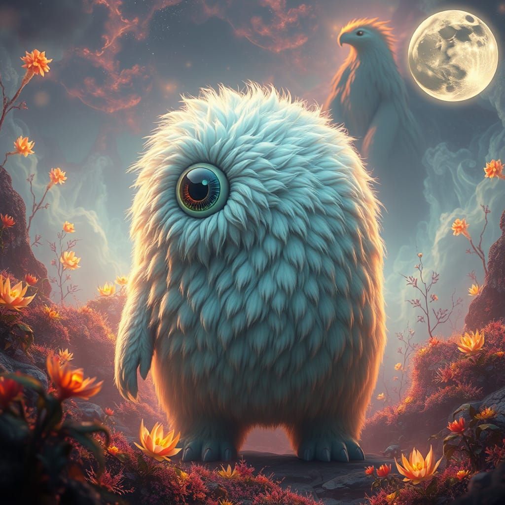 Dreamlike Fluffy Monster in a Whimsical Wonderland