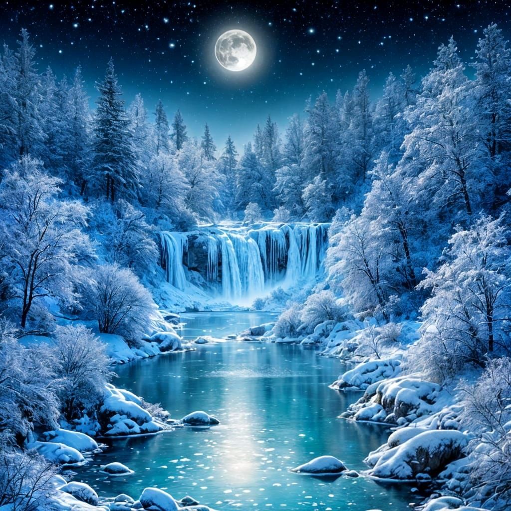 Luminous Winter Night Under Silver Moon