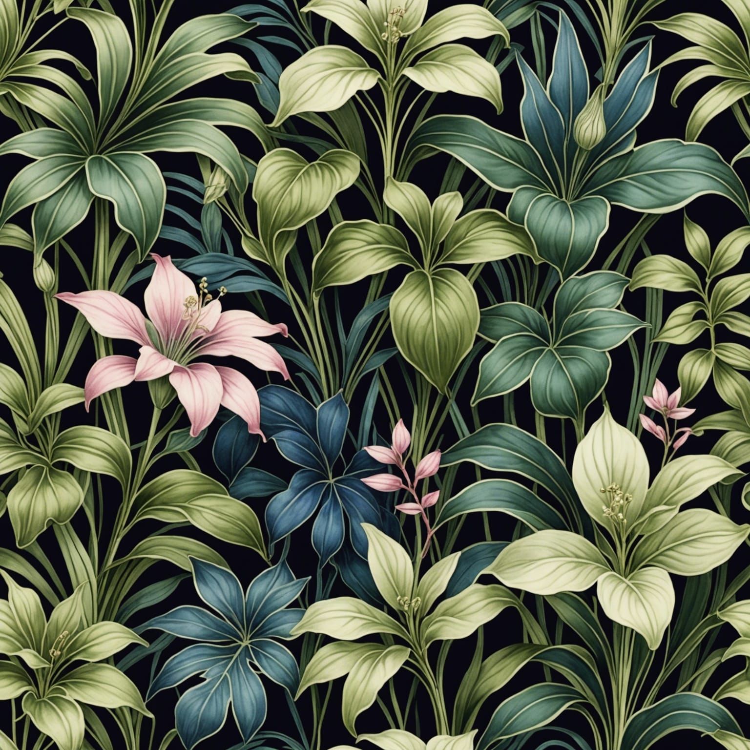 Art Nouveau Plants in Sap Green and Ivory