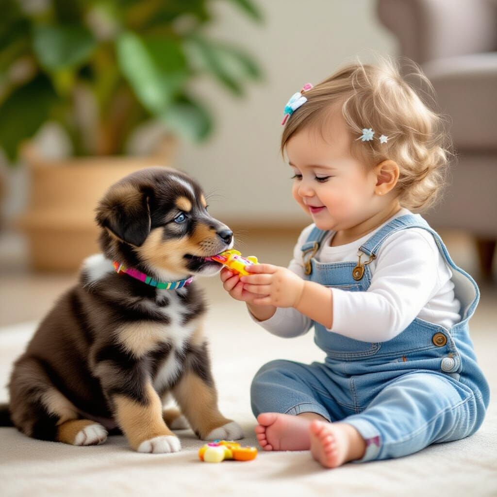 Toddler Gives Treat to Happy Puppy