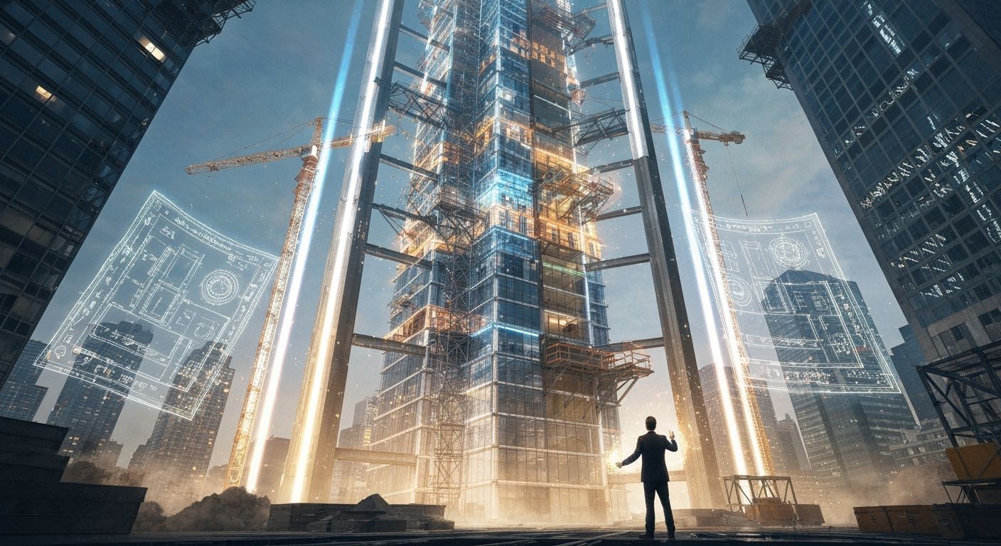 Magical Skyscraper Construction in Urban Fantasy Style