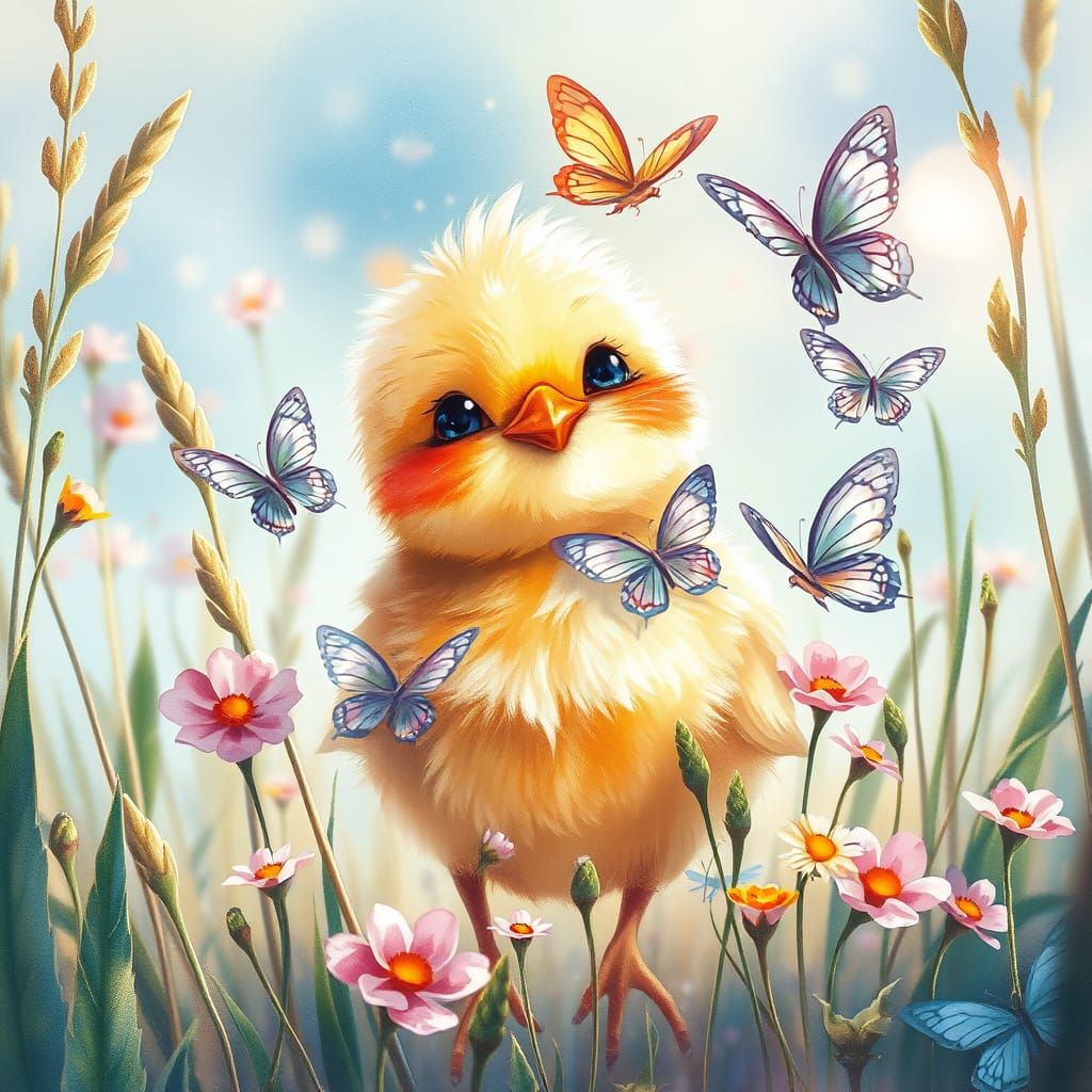 Surreal Watercolor Scene of Butterflies and Chick in a Vibra...