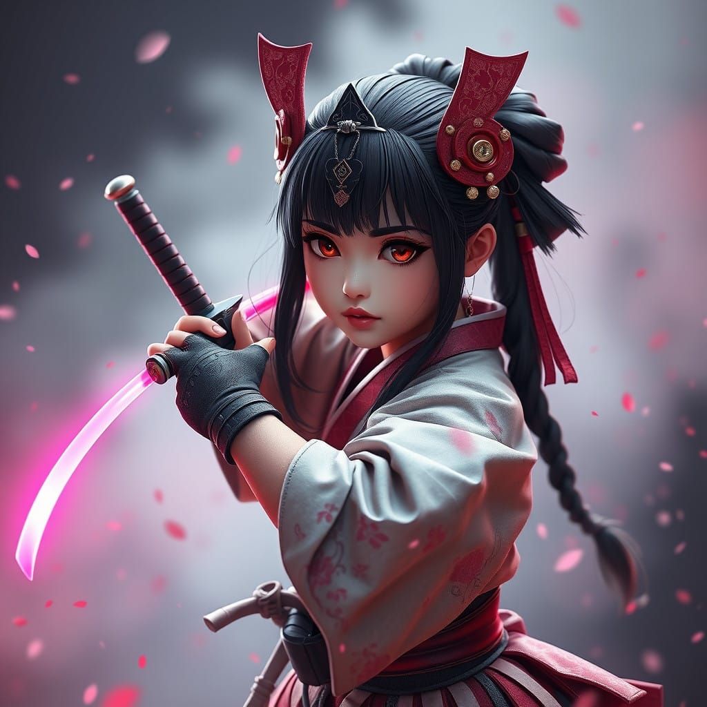 Cute Japanese Samurai Girl Wields a Vibrant Pink Katana in a...