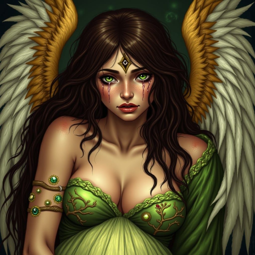 Pregnant Inanna Confronts Earthly Suffering in Emotional Art