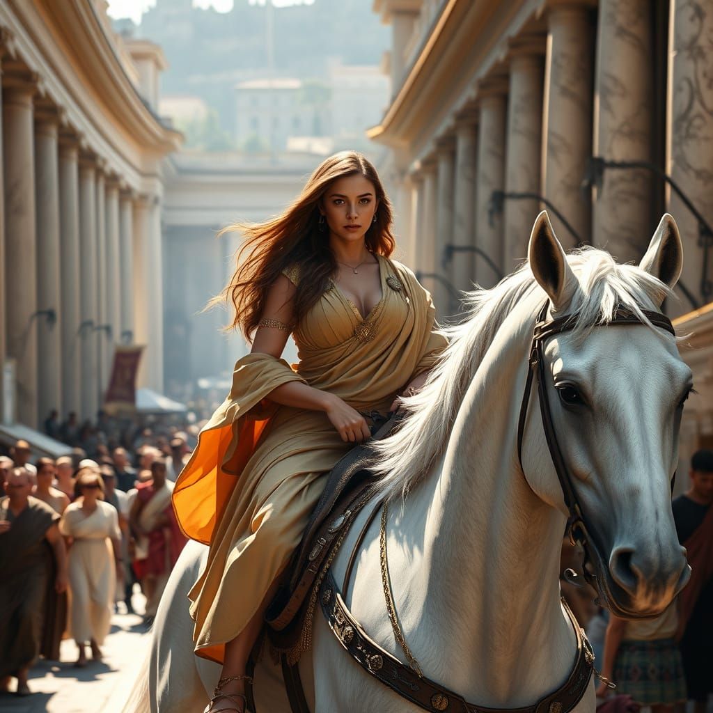 Ancient Roman Queen Rides Majestic White Horse in Bustling M...