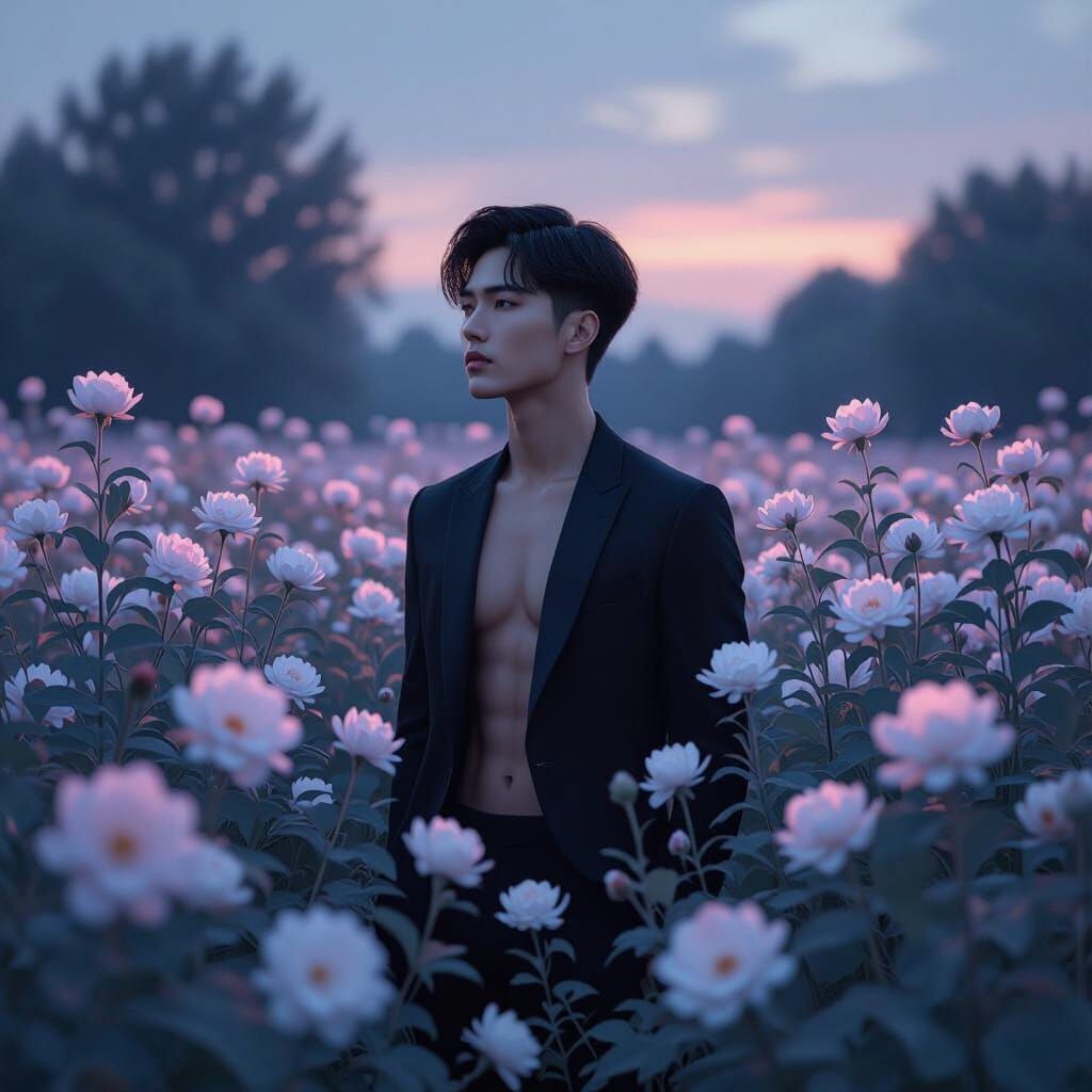 Solitary Man in Twilight Garden