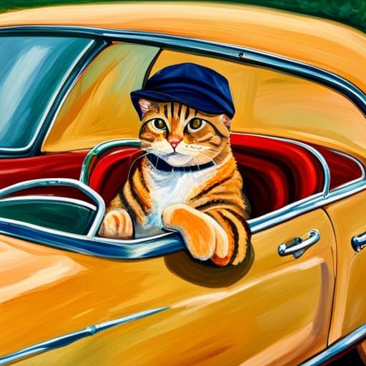 Tabby Cat Drives a '57 Belair, Expressionist Painting