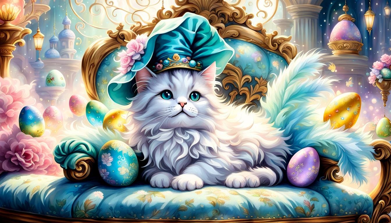 fluffy chibi cat laying on a baroque couch with easter hats ethereal fantasy hyperdetailed mist Thomas Kinkade