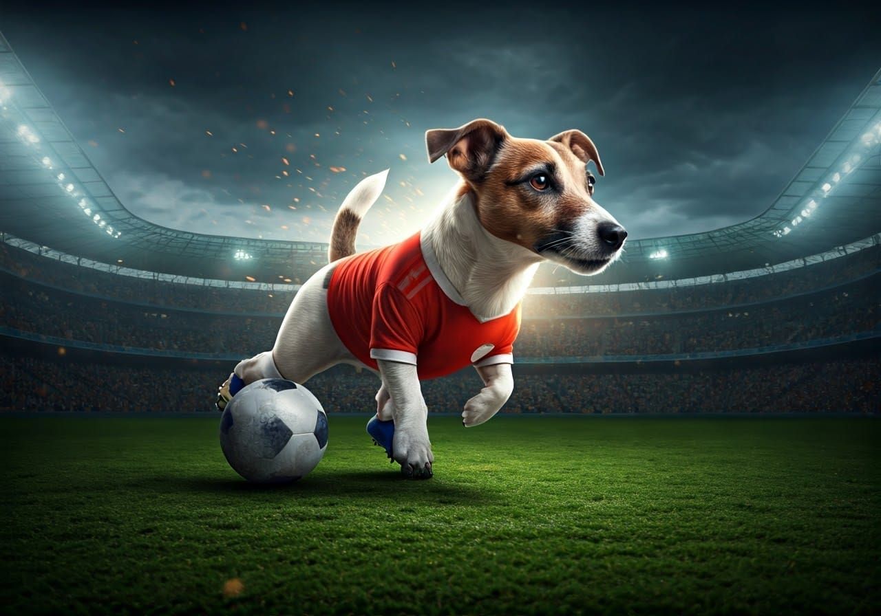 An jack russell dressed as a footballer playing in a match in a stadium