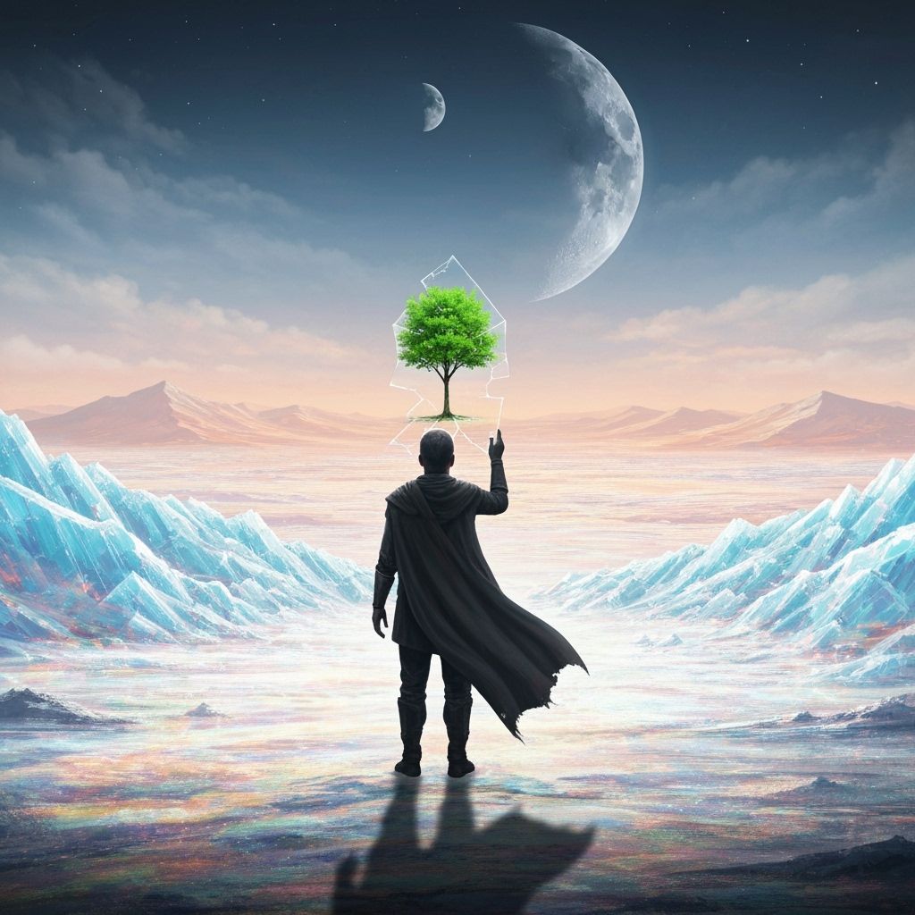 Lone Figure in Crystalline Desert Under Twin Moons