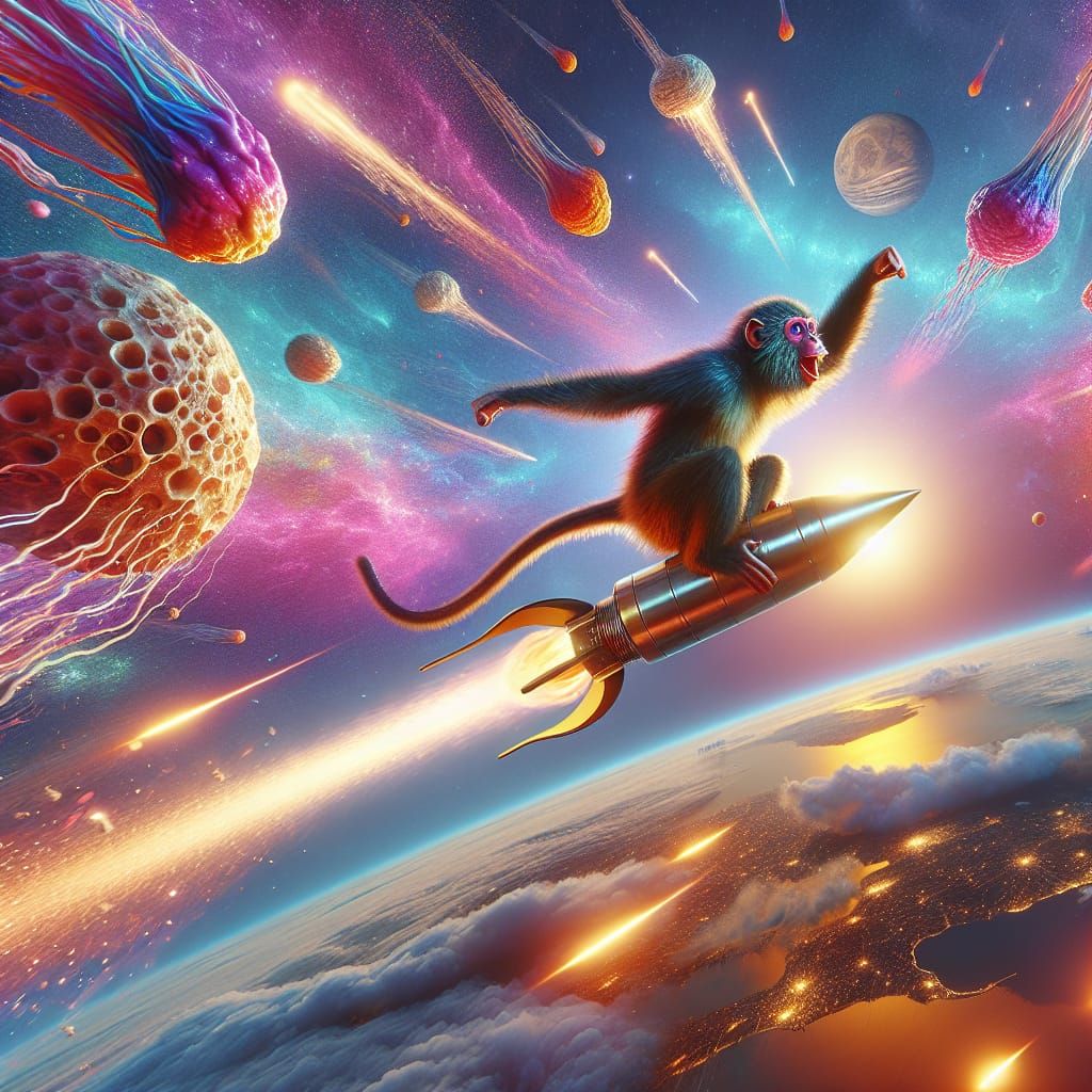 Monkey Rocketing Through Space in Cinematic Style