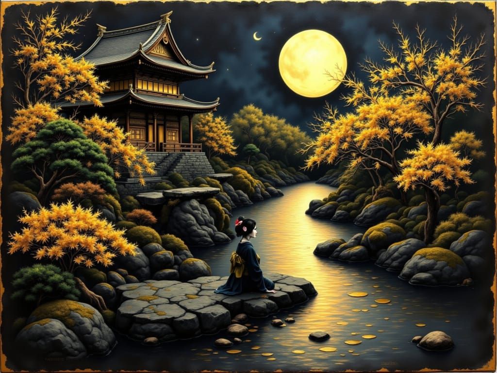 Geisha in Zen Garden at Night, Ancient Gold & Ink Style