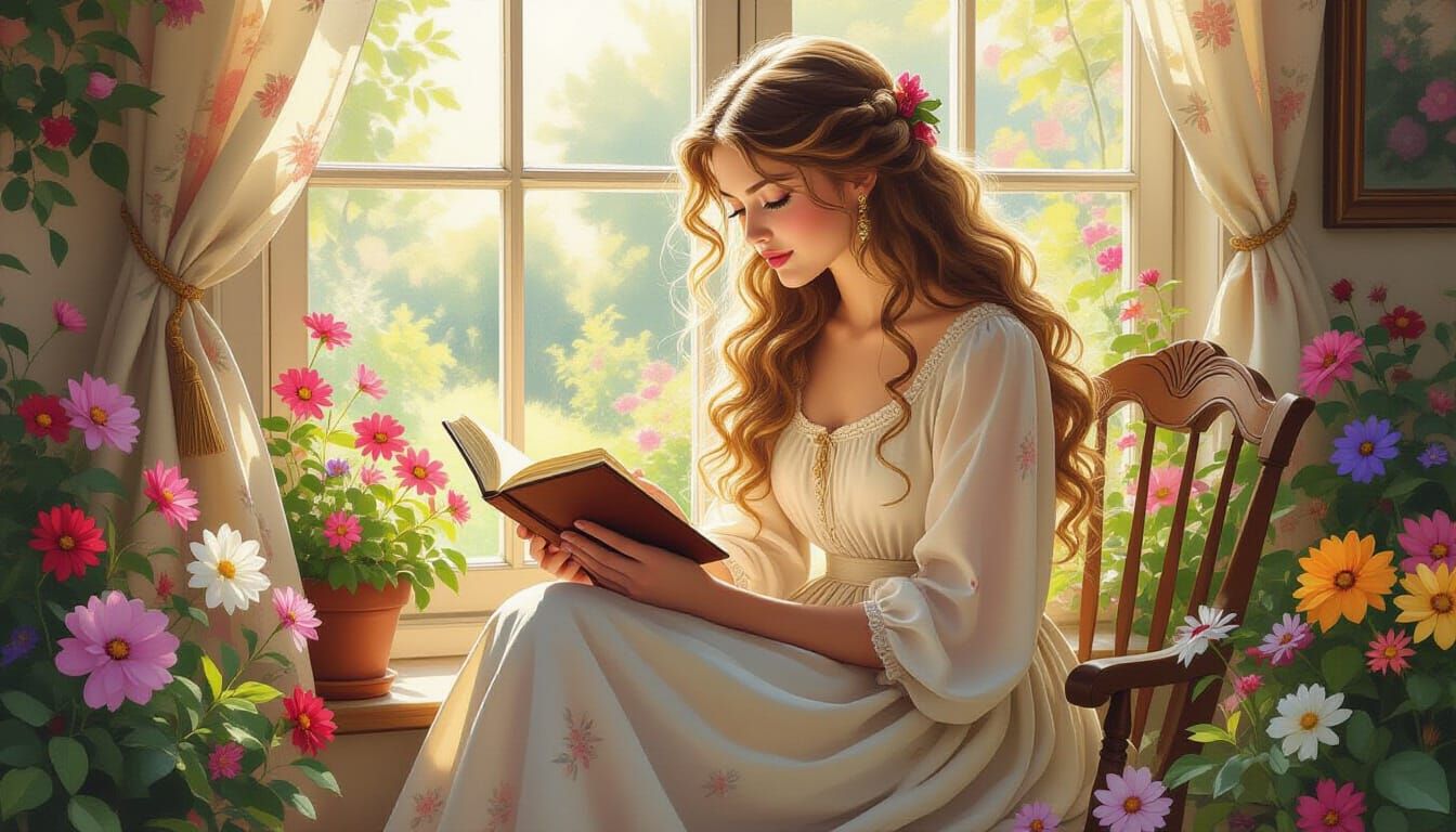 Woman Sketching in Sunlit Garden: Watercolor Style