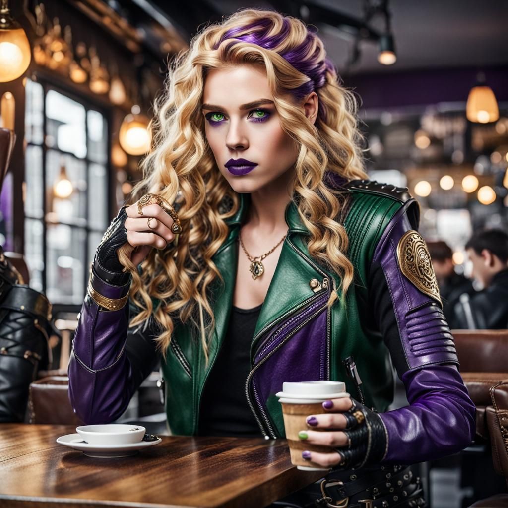 Valkyrie with Viking Features Drinking Coffee