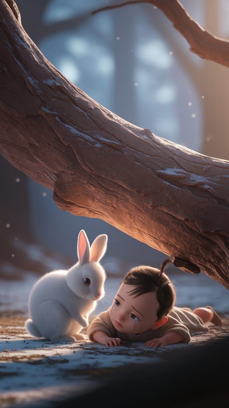 Pixar-Style Baby and Rabbit in Winter Forest