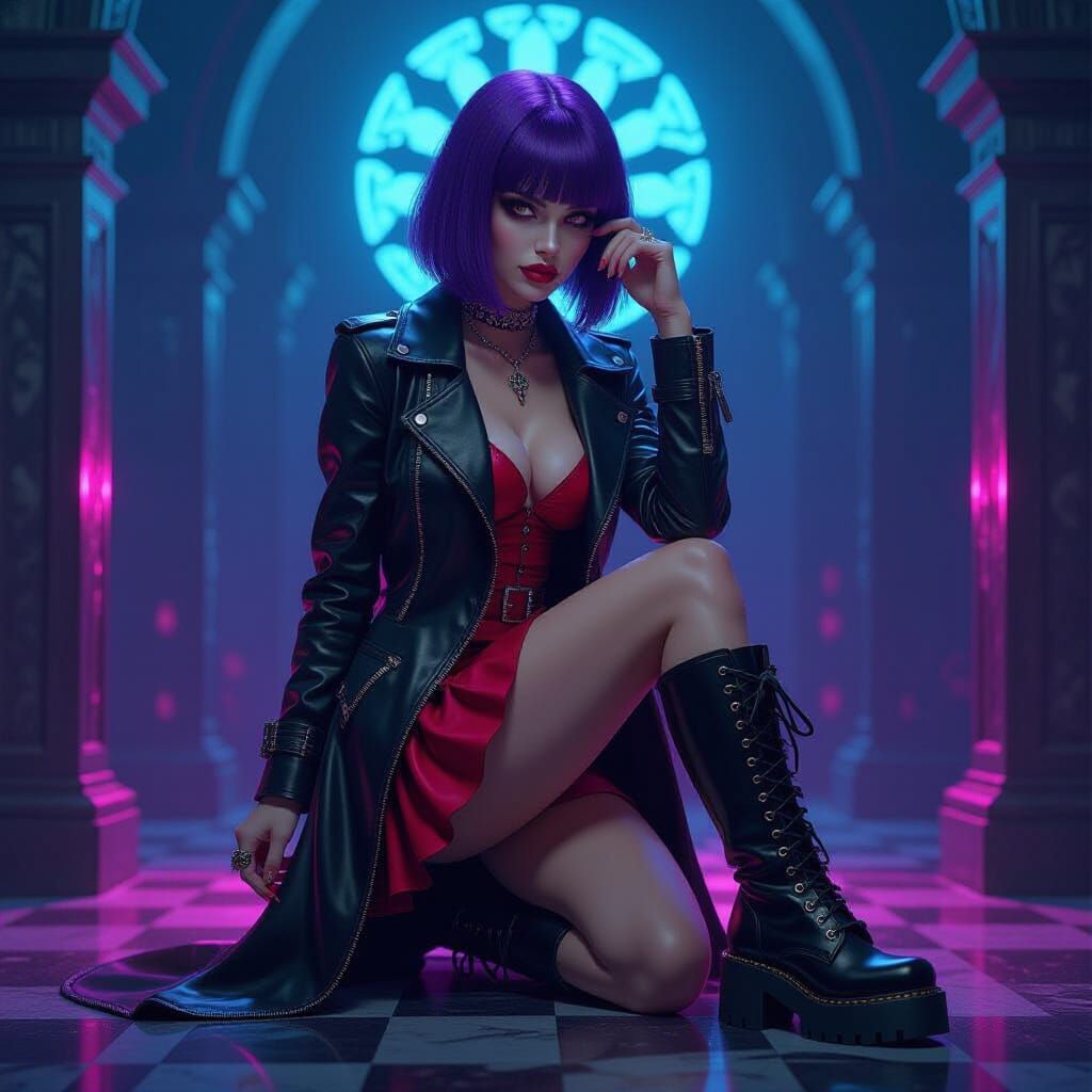 Ethereal Neon Portrait of Woman in Leather and Miniskirt