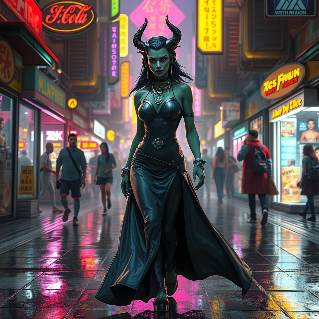 Orc Woman in Cyberpunk Marketplace: A Digital Illustration