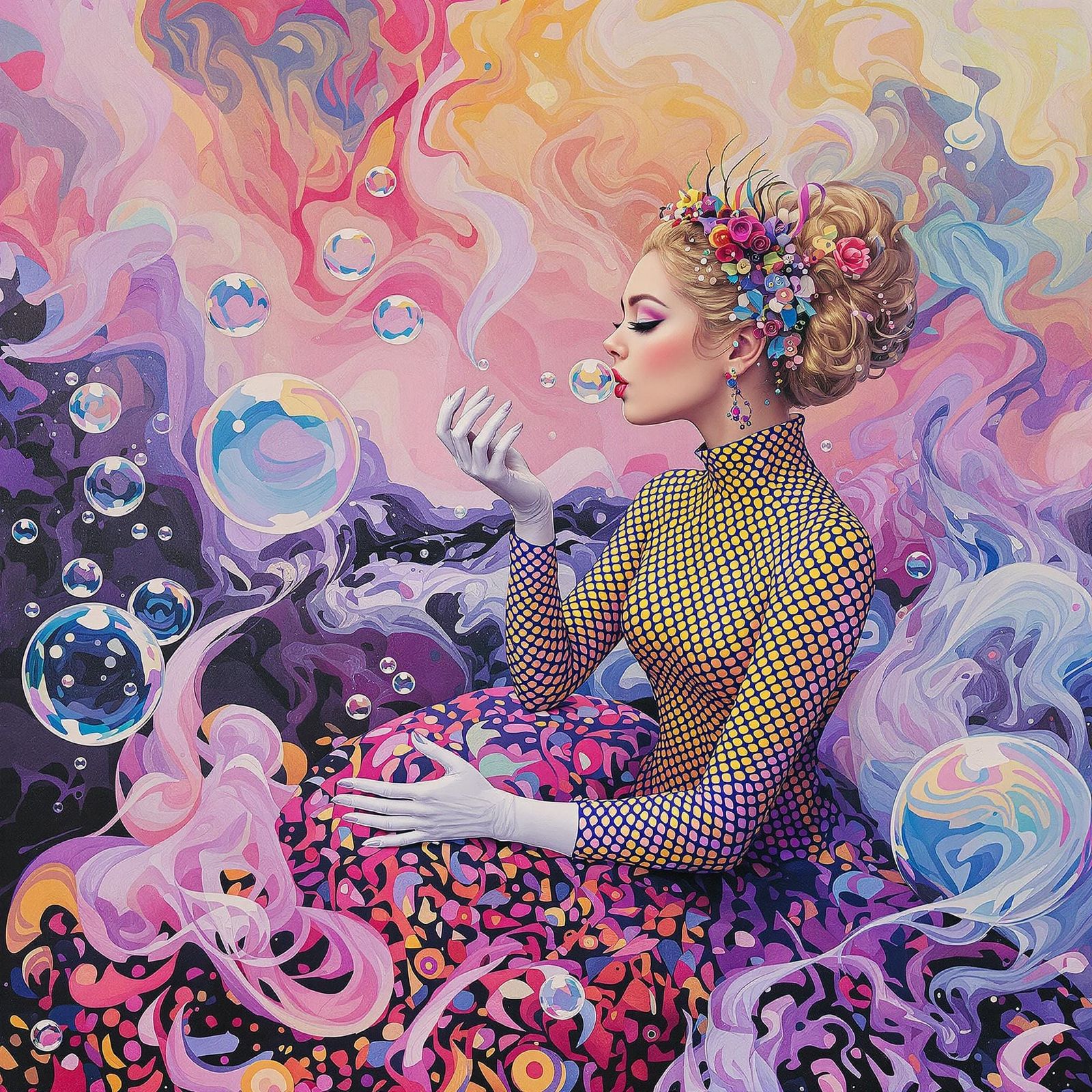 Woman in Lizard Scale Dress Blowing Bubbles as Acrylic Paint...