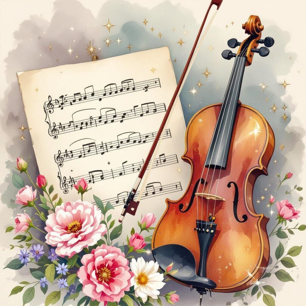 Violin with Music Score and Flowers in Smudged Watercolor St...