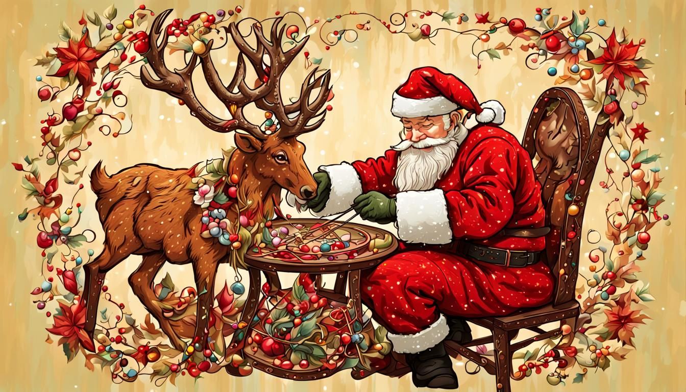 Santa Claus Embroidering Reindeer: Fantasy Concept Art