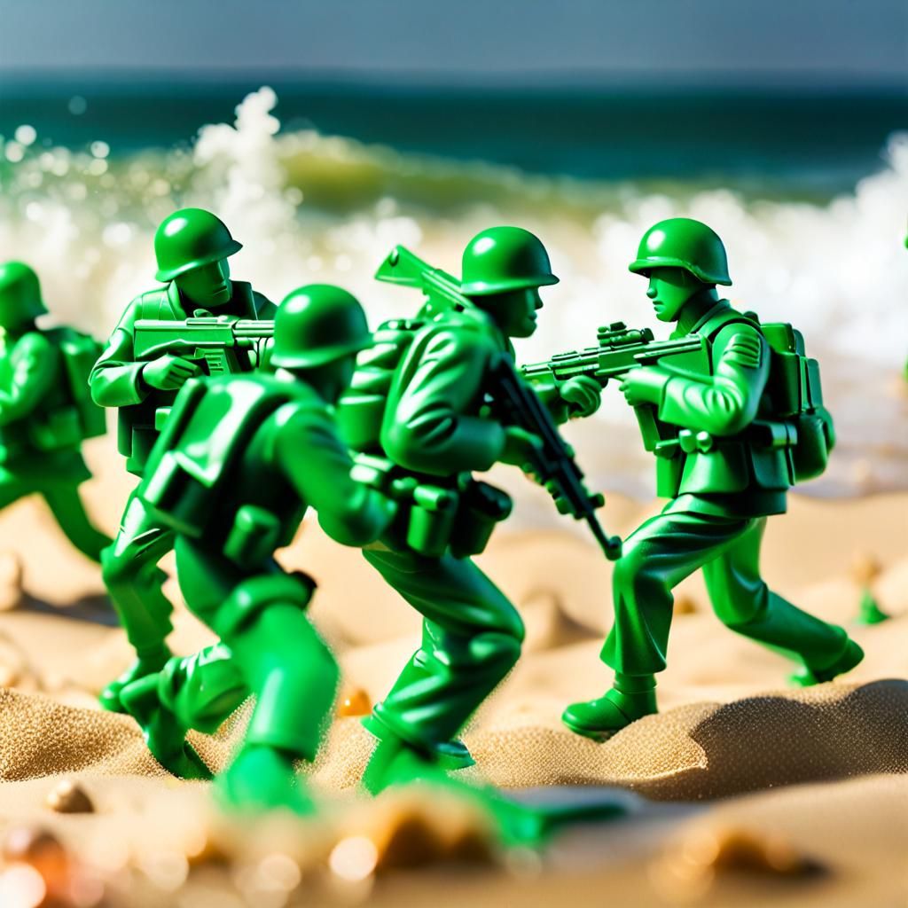 Green Plastic Army Men Storming Normandy Beach