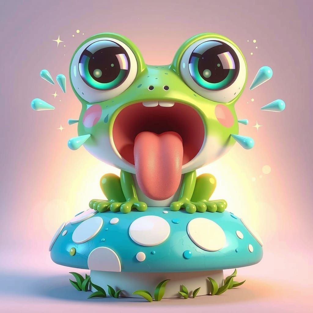 A 3D character illustration of a super-surprised frog with enormous, bulging eyes and a wide-open mouth with a long frog...