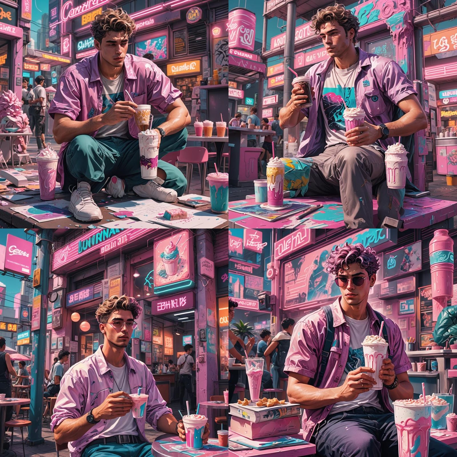 Vaporwave Young Man Sketching: Detailed Digital Art