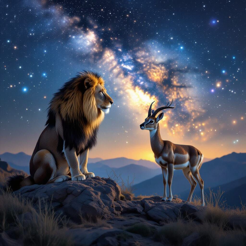 Dramatic Mountain Scene with Lion and Gazelle