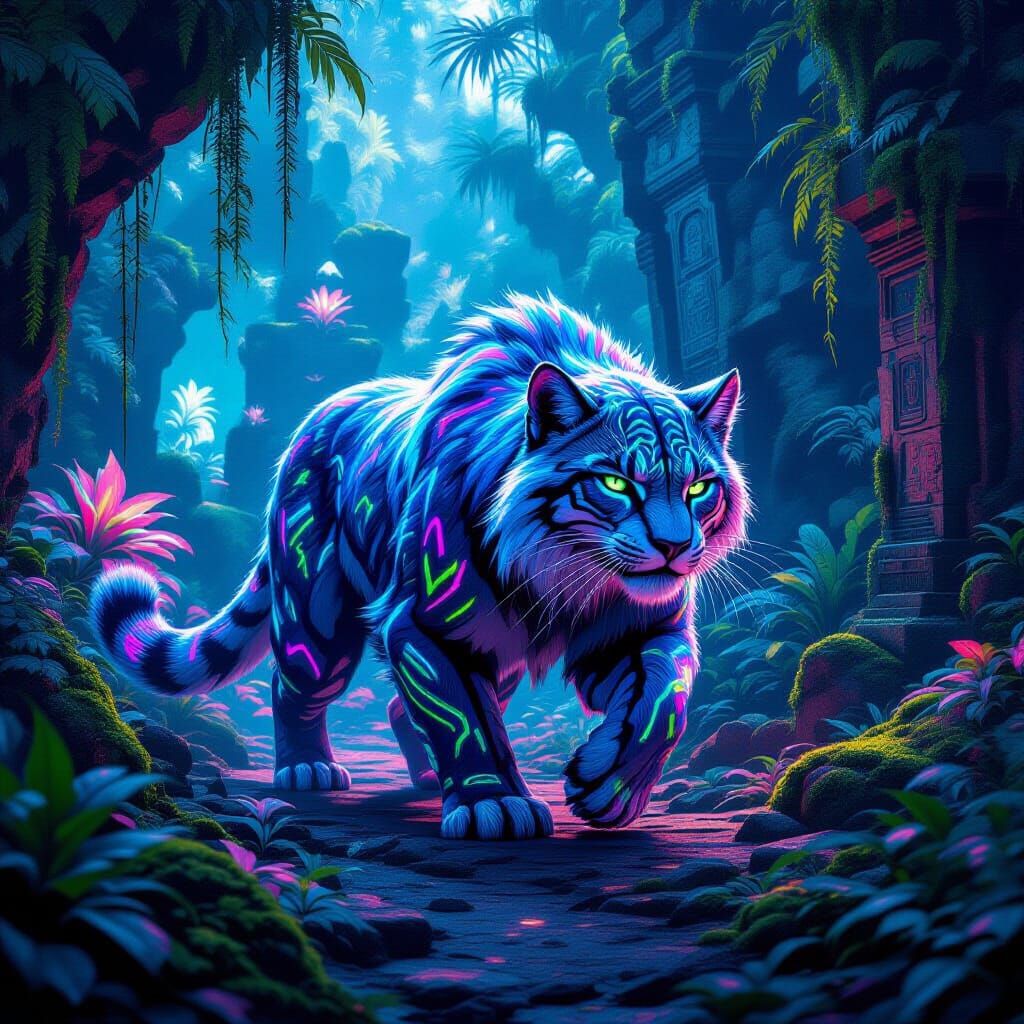 Bioluminescent Cat Prowls Neon Jungle Ruins
