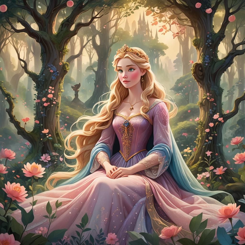 Pregnant Princess Aurora in Forest, 3D Rendered