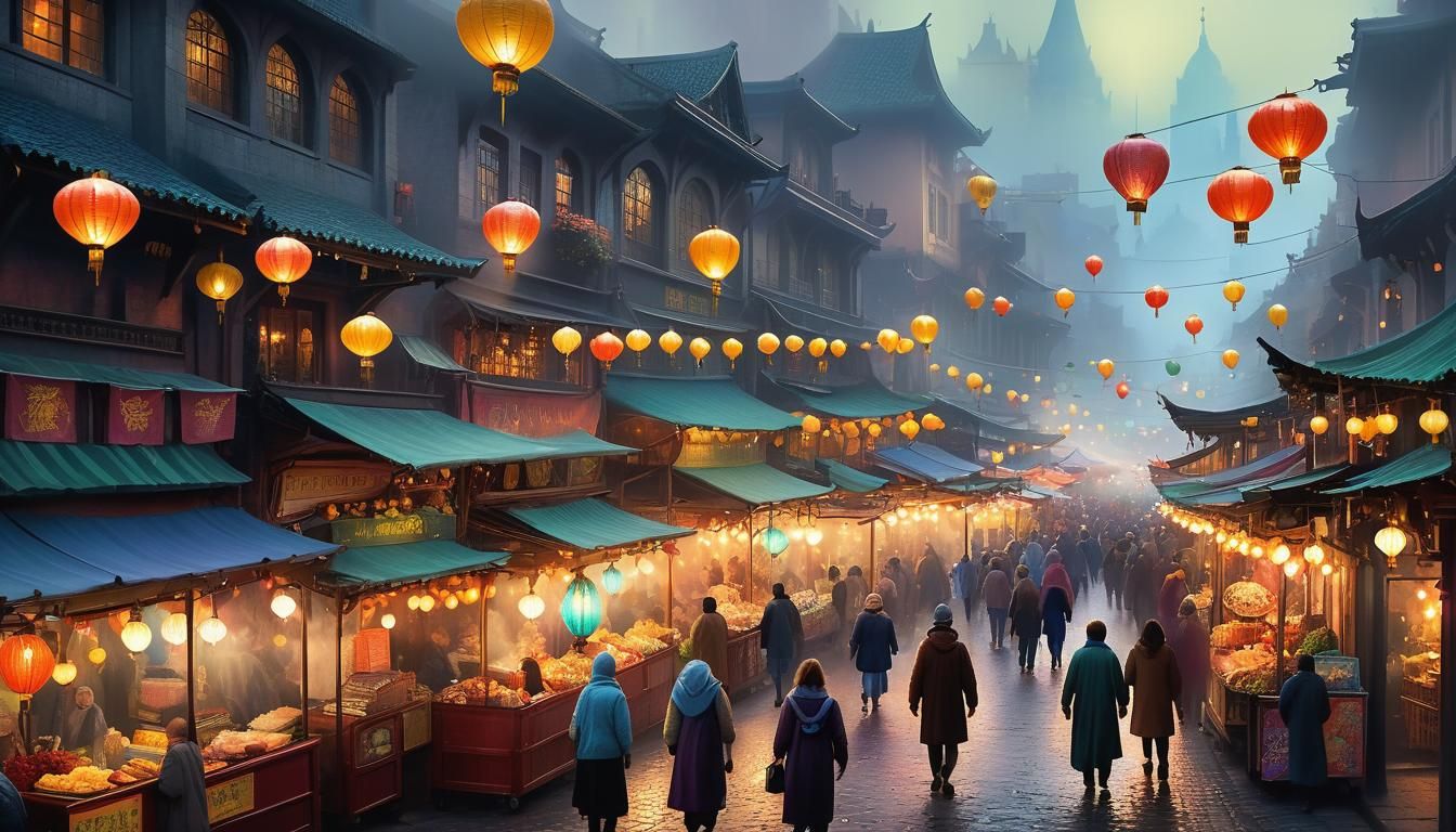 Crowded Night Market Scene in Kinkade Style