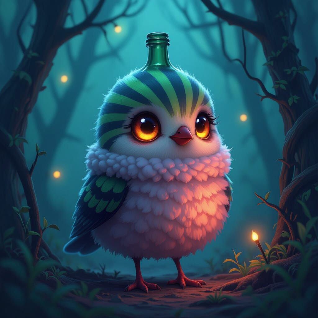 Striped Bird in Mystical Forest, Digital Art