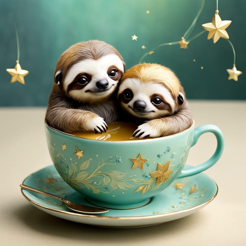 Magical Sloths in Whimsical Tea Cup Scene