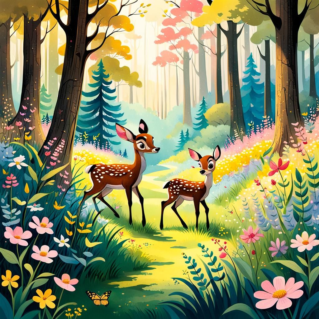 Bambi and Flower in Lush Animated Forest