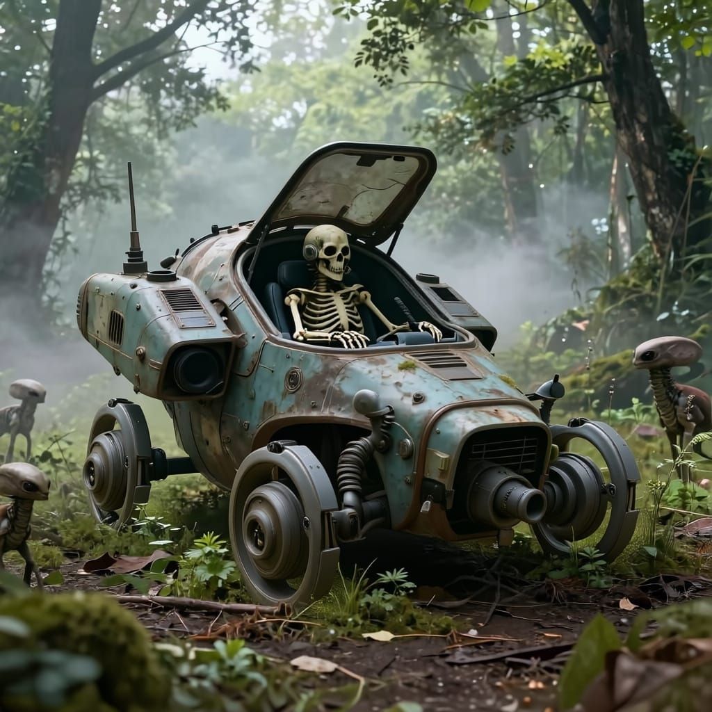 Fallen Battlemech on Alien Battlefield in Forest Mist