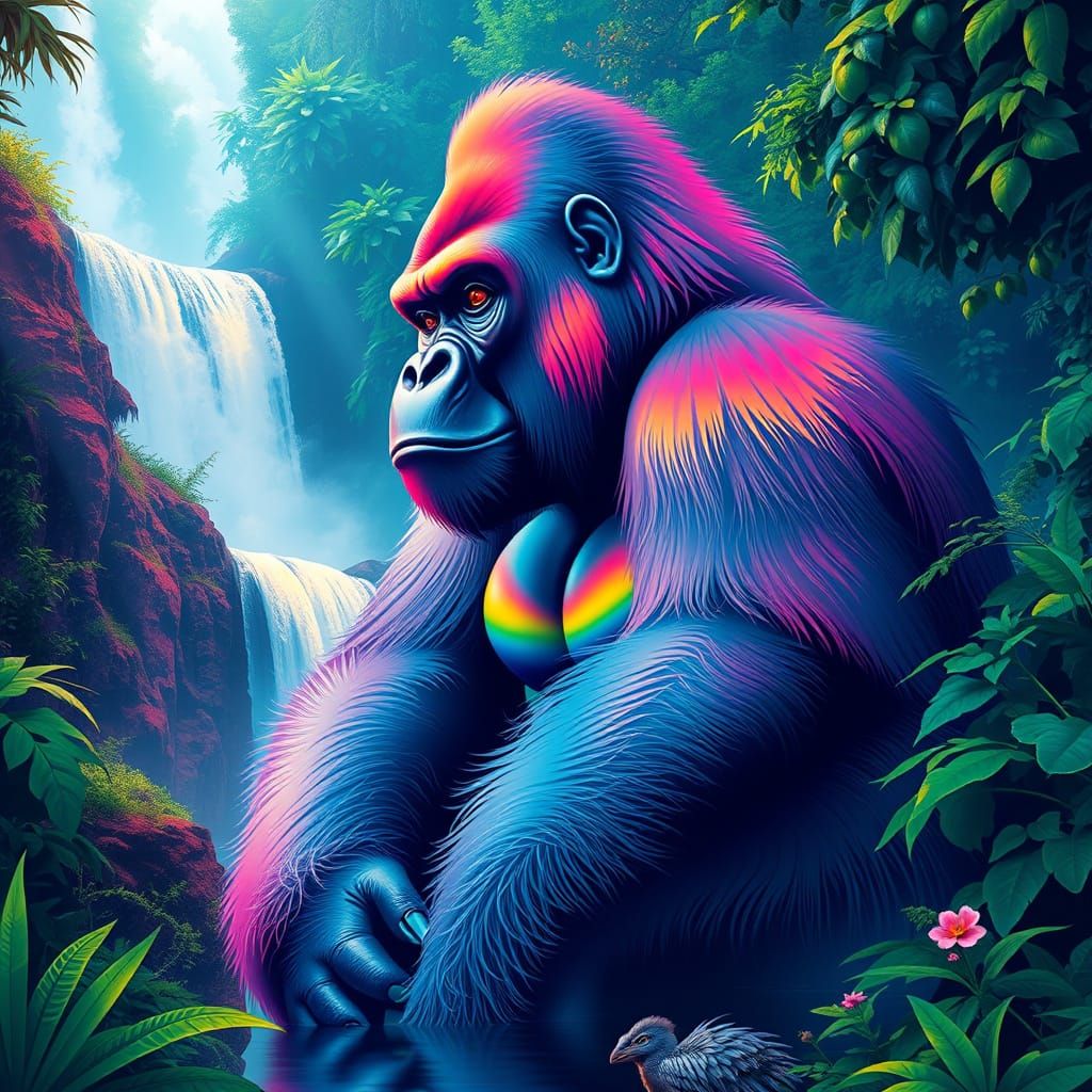 Majestic Rainbow Gorilla Beside Emerald Waterfall in Pop Art...