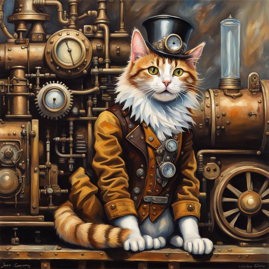 Steampunk Cat with Engine in Gouache Style