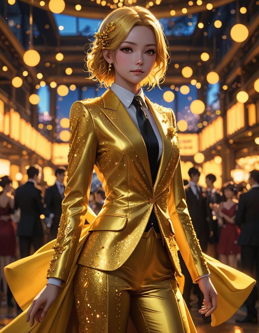 Anime-Style Figure in Yellow Suit with Bokeh Background