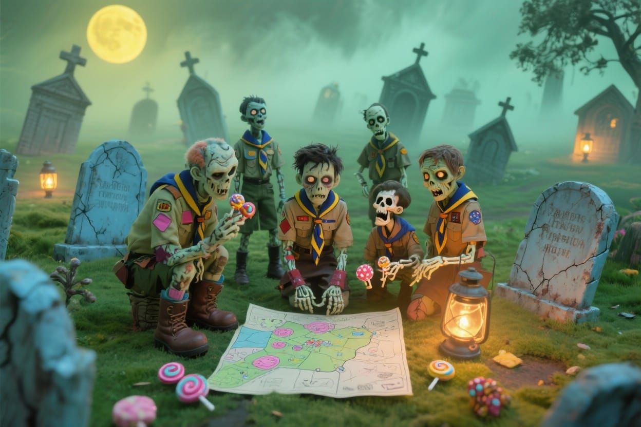 Zombie Scouts Explore a Foggy Graveyard at Night