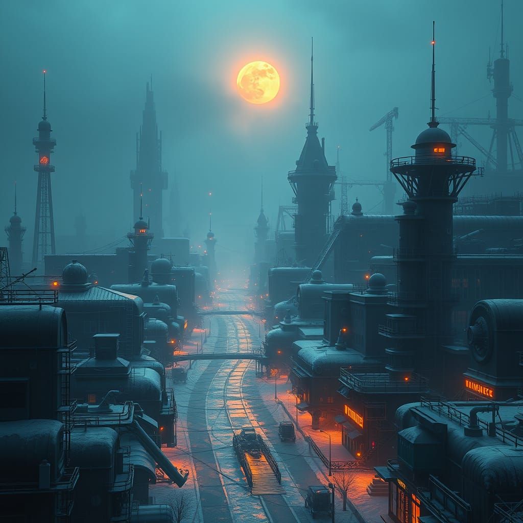 Haunting Frostpunk Cityscape in Industrial Fantasy Style