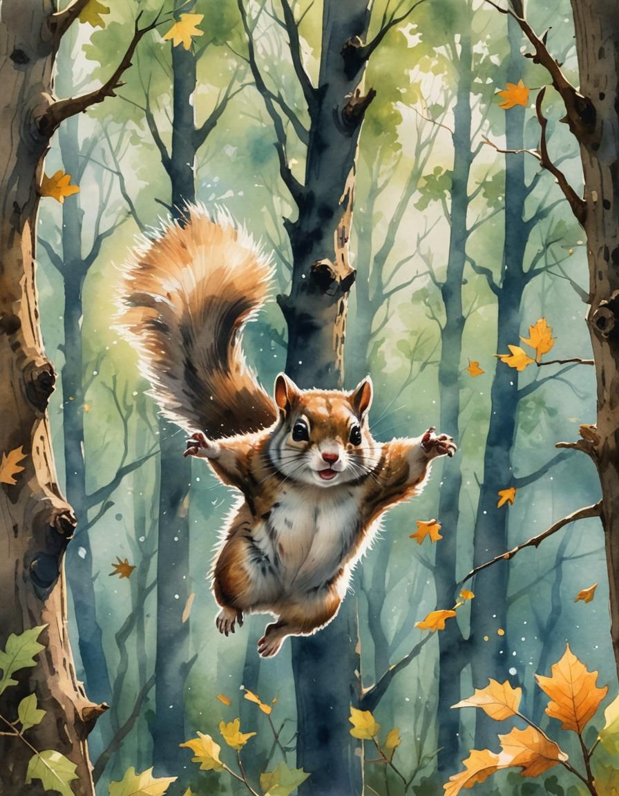 Flying Squirrel in Oak Forest: Watercolor Art