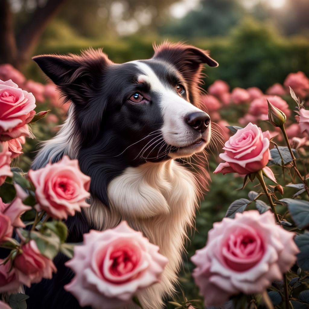 Red Border Collie Smelling a Pink Rose